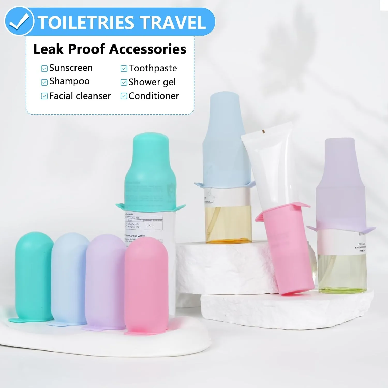 16 Pack Travel Essentials Silicone Bottle Covers,Accessories Luggage for Women Men,Travel Size Toiletries,Elastic Sleeves for Leak Proofing,Cruise Ship Essentials,Cruise Essentials 2024