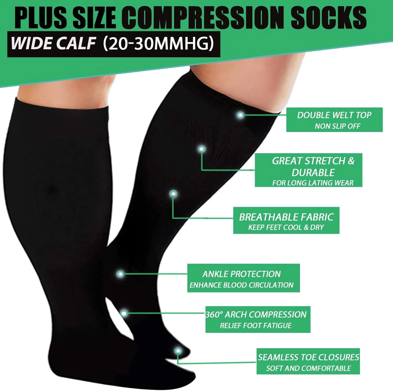 3 Pairs Plus Size Compression Socks for Women and Men Wide Calf 20-30mmhg Extra Large Knee High Support for Circulation