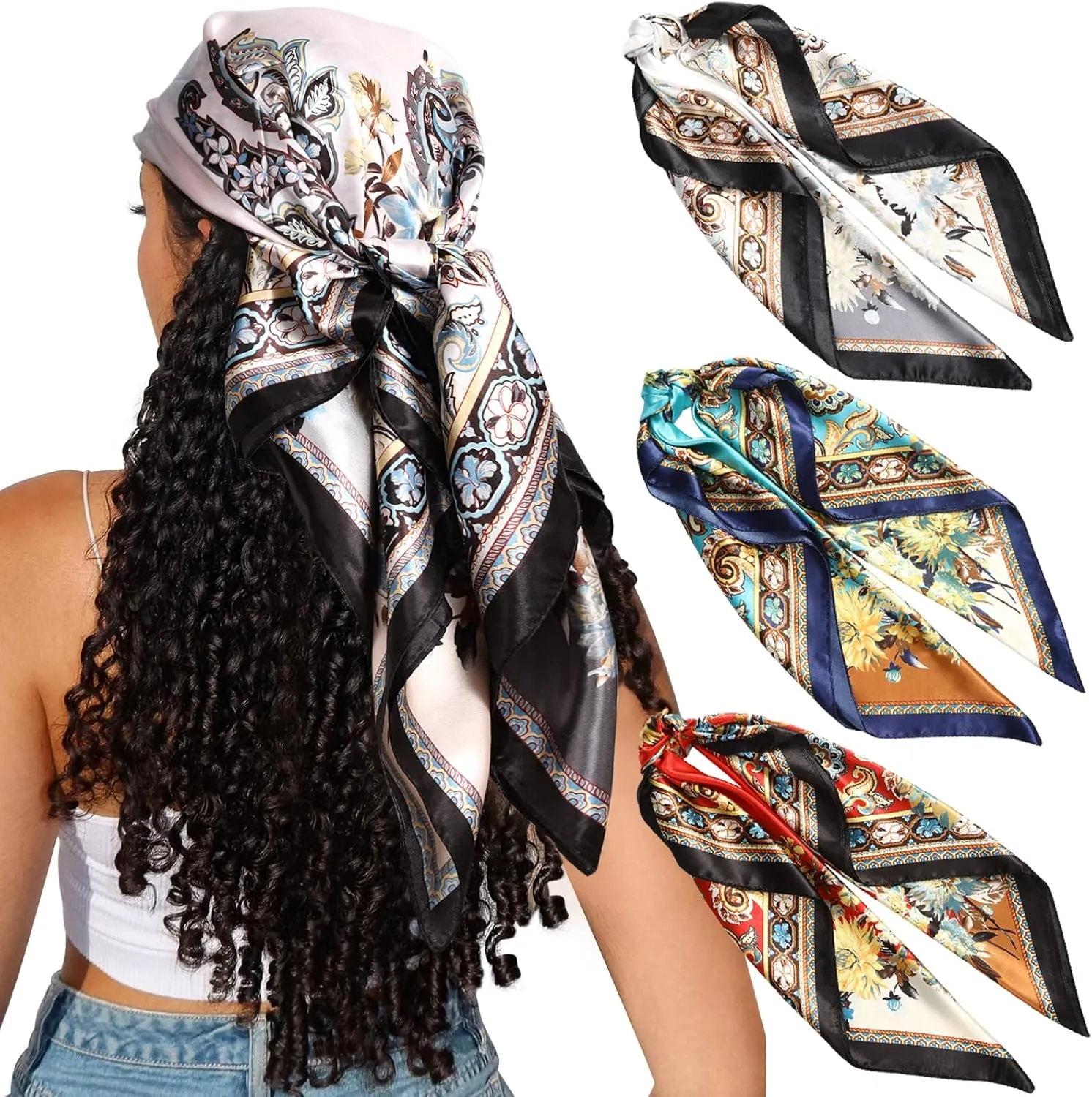CHLINS 35" Satin Square Hair Scarf Bandanas 3Pcs Large Silk Head Scarves Lightweight Satin Hair Kerchief Sleeping Hair Wraps