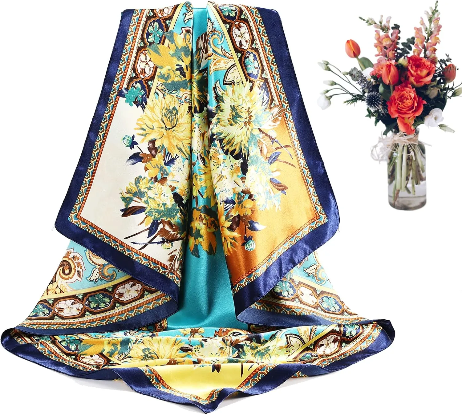 CHLINS 35" Satin Square Hair Scarf Bandanas 3Pcs Large Silk Head Scarves Lightweight Satin Hair Kerchief Sleeping Hair Wraps