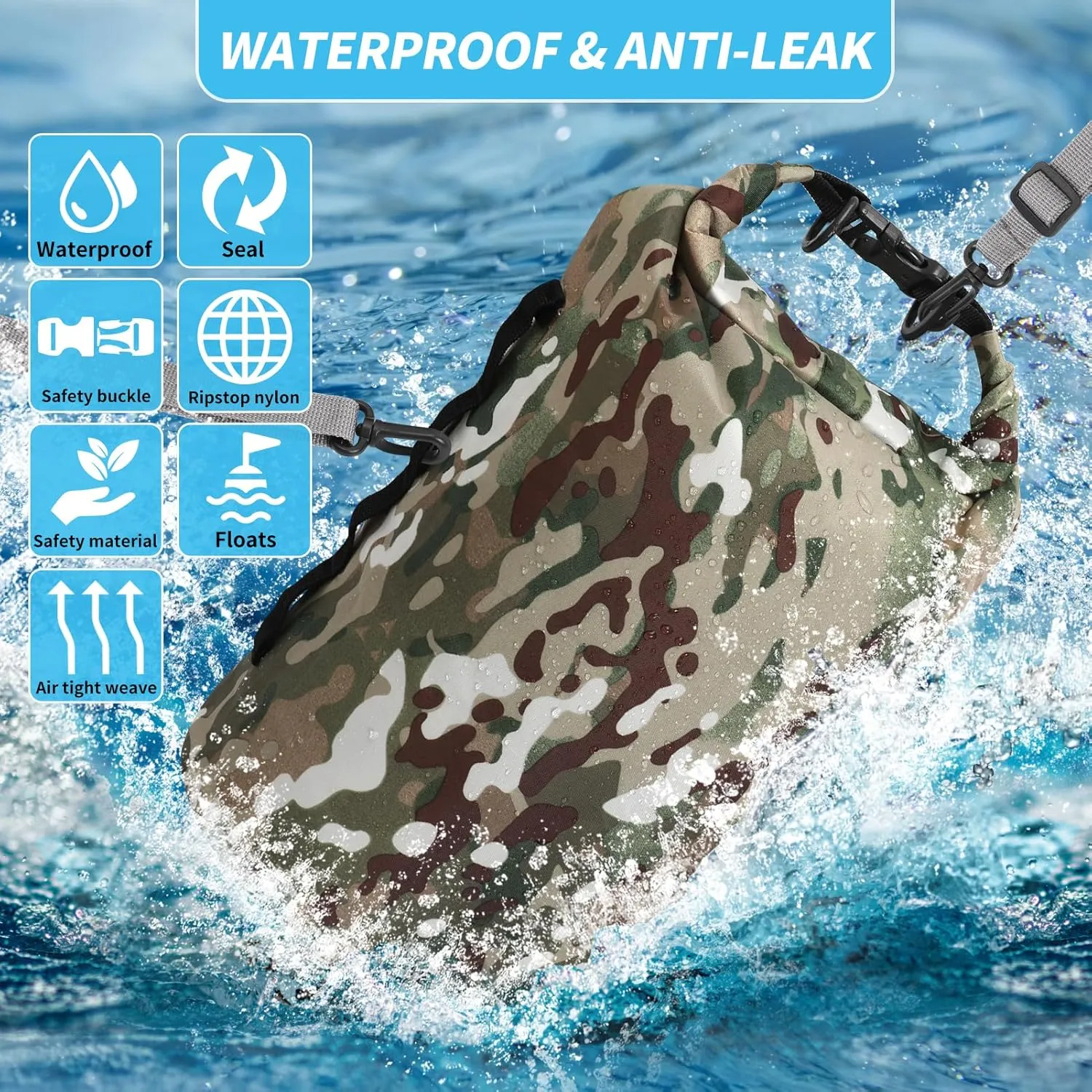 Dry Bags Waterproof Dry Sacks Camouflage Small Lightweight Dry Bag with Strap for Paddle Board Kayaking Fishing Camping Hiking (10L)
