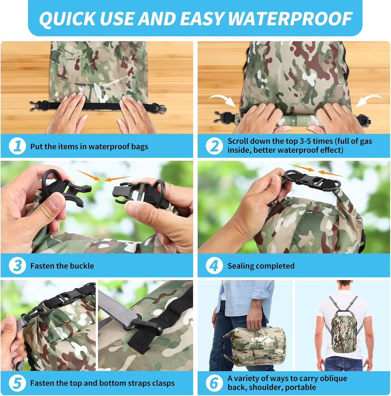 Dry Bags Waterproof Dry Sacks Camouflage Small Lightweight Dry Bag with Strap for Paddle Board Kayaking Fishing Camping Hiking (10L)
