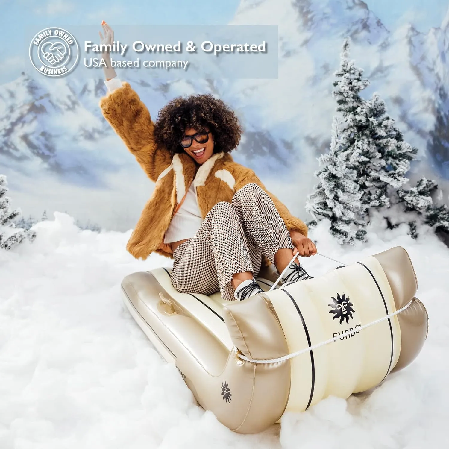 FUNBOY 52" Inflatable Toboggan Snow Sled, Champange Colored, 1-2 Person Capacity, with Grooved Rubber Base Tracks, 2 Handles, and Hand Pull Rope, Champagne Toboggan (TOBOGGAN-CHAMPAGNE)