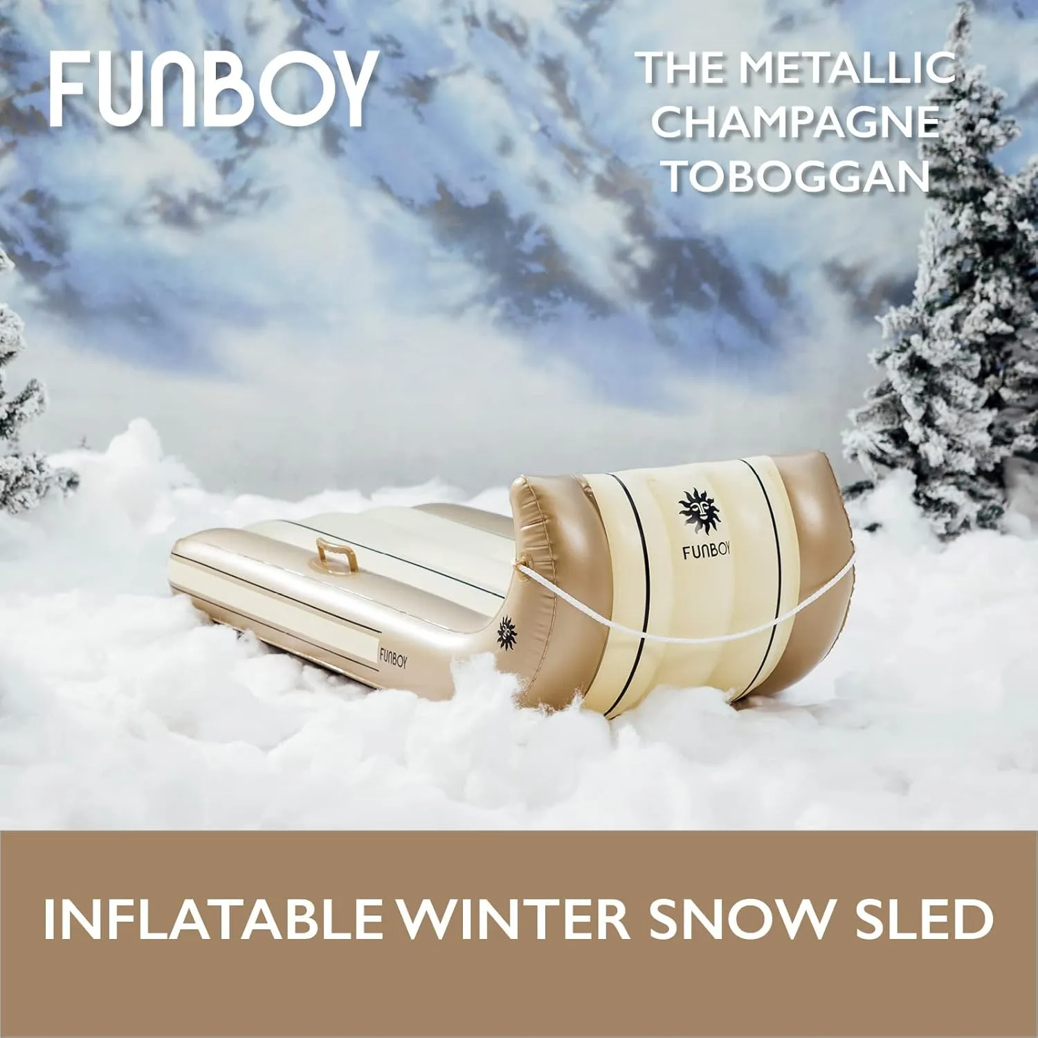 FUNBOY 52" Inflatable Toboggan Snow Sled, Champange Colored, 1-2 Person Capacity, with Grooved Rubber Base Tracks, 2 Handles, and Hand Pull Rope, Champagne Toboggan (TOBOGGAN-CHAMPAGNE)