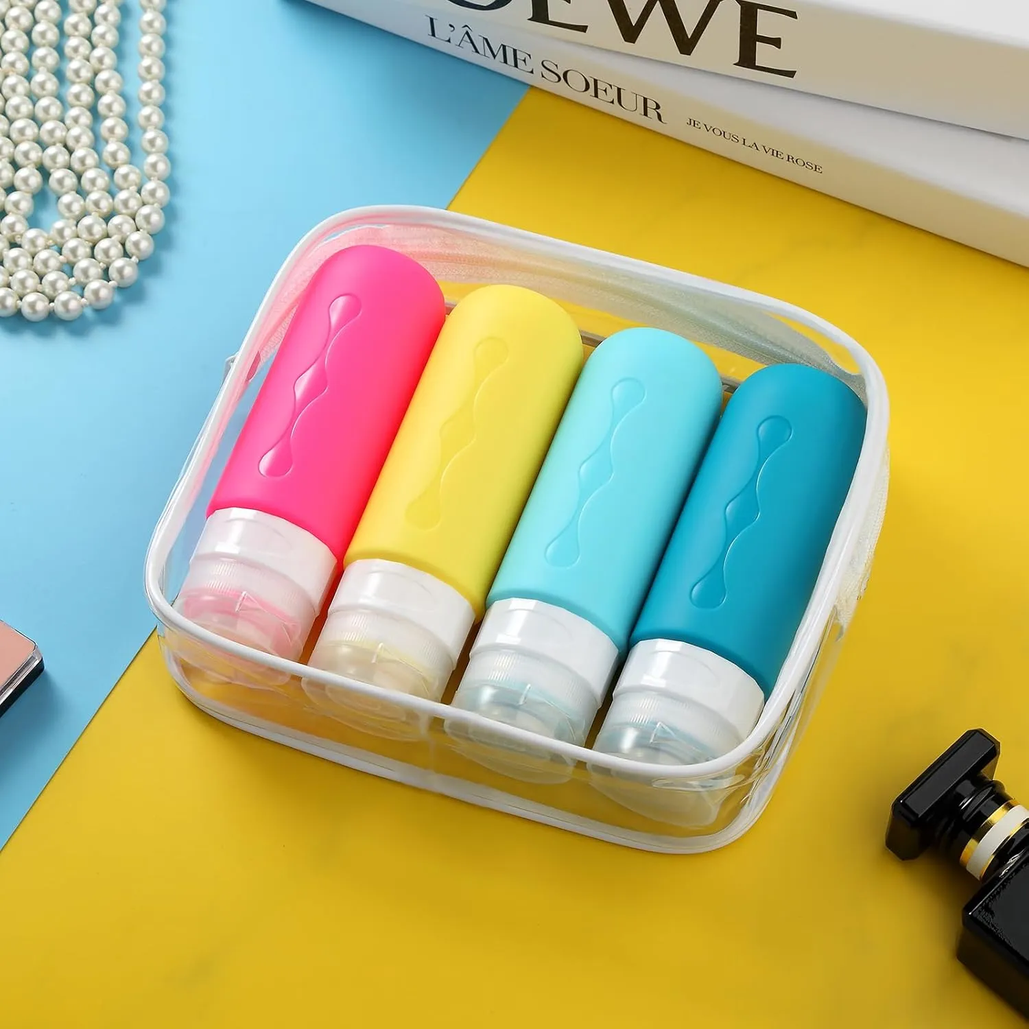 Gemice Travel Bottles for Toiletries, Tsa Approved Travel 3oz Size Containers with Clear Bag, BPA Free Leak Proof Travel Tubs Refillable Liquid Travel Accessories for Cometic Shampoo Lotion (4 Pack)