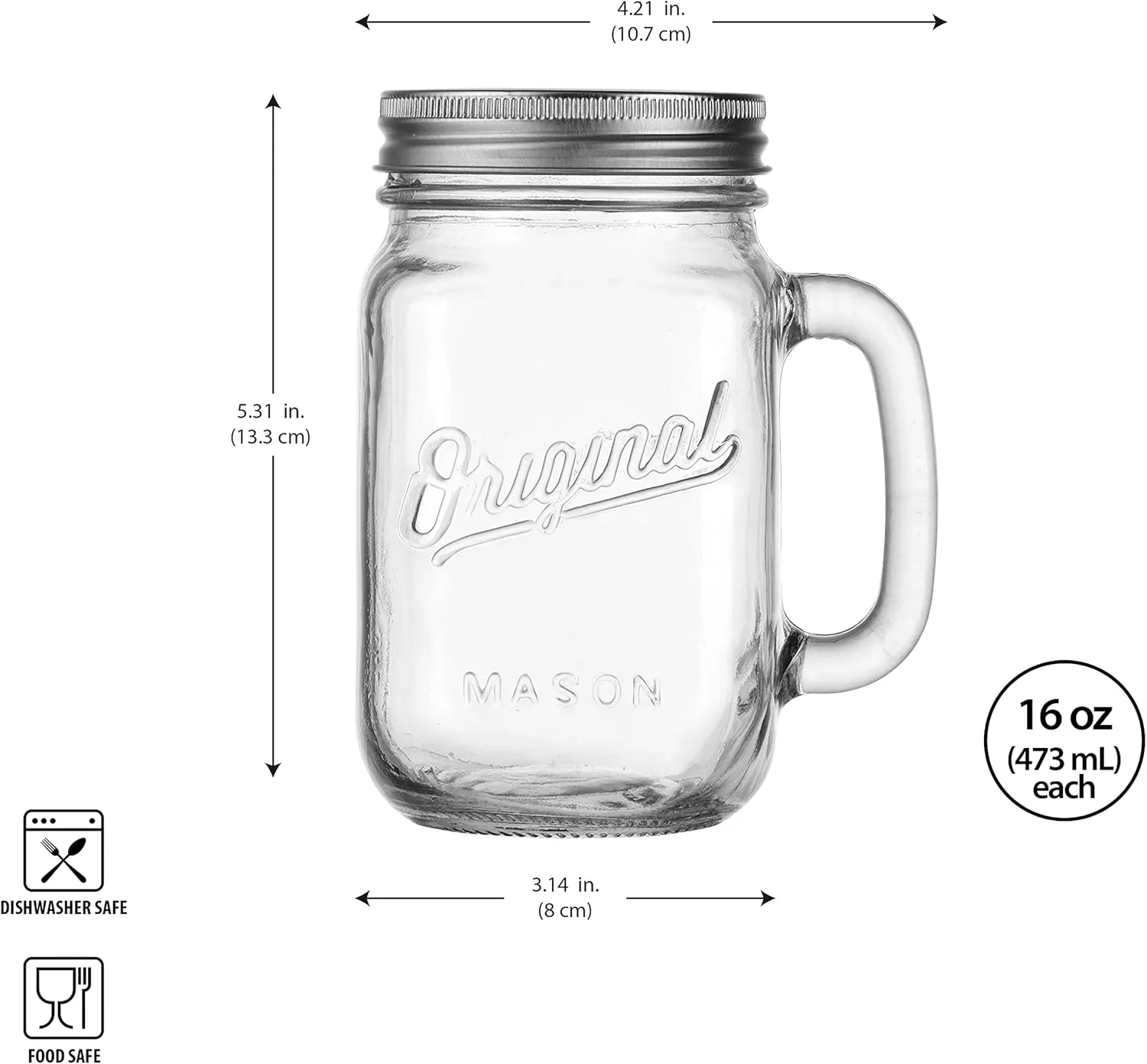 Glaver's Mason Jar 16 Oz. Glass Mugs with Handle and Lid Set Of 6 Old Fashioned Drinking Glass Bottles Original Mason Jar Pint Sized Cup Set.