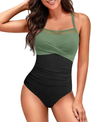 HEYTALALA Women's One Piece Swimsuit Tummy Control Bathing Suits Sexy Mesh Swim Suits Crisscross Back Modest 1 Piece Swimwear