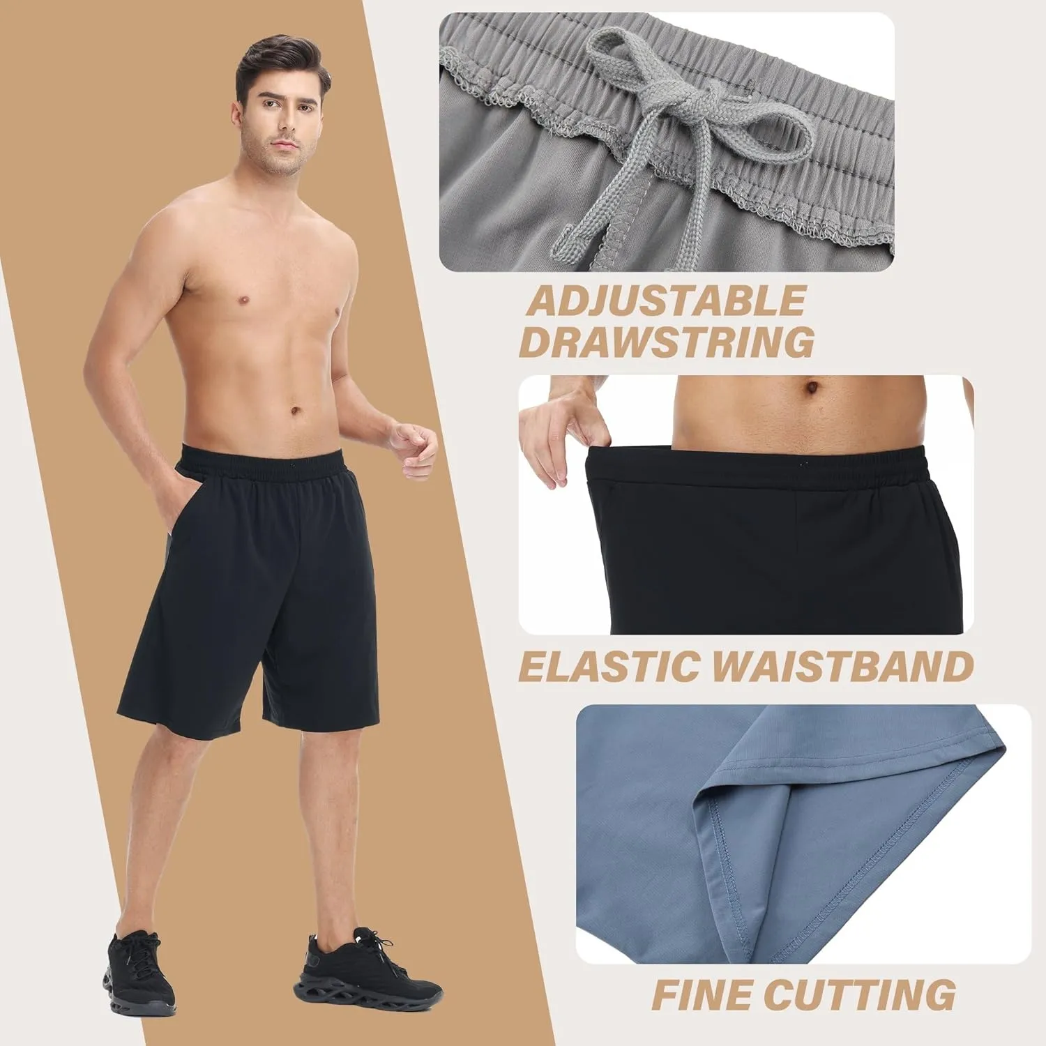 HQUEC Men's Athletic Shorts with Zipper Pockets 10" Lightweight Quick Dry Basketball Workout Shorts for Running Casual