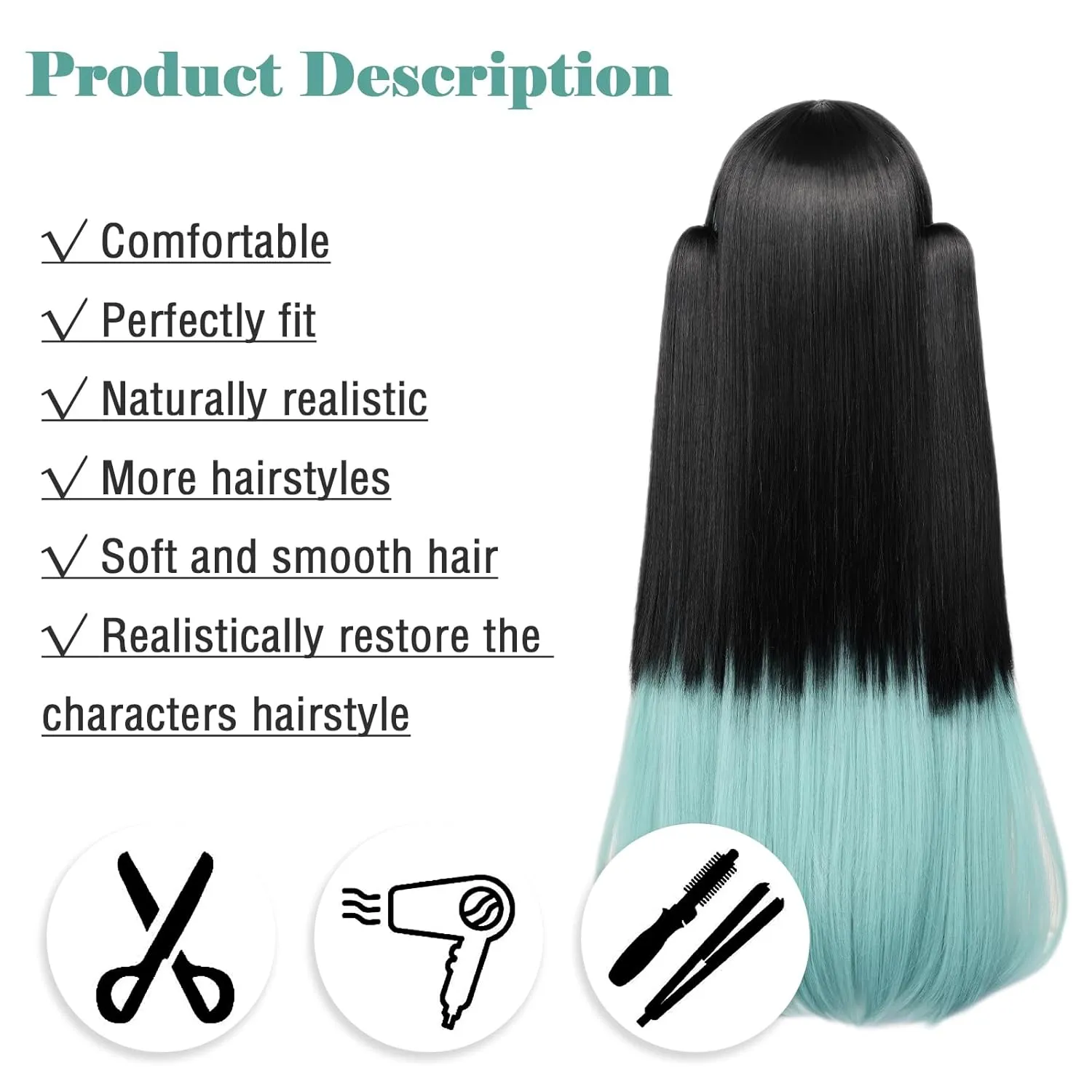 LABEAUT Max Beauty Anime Black & Blue Cosplay Wig for Women Girl, Long Straight Hair Daily Wig for Cosplay Synthetic Hair for Halloween Costume Party Hair Wig   Wig Cap