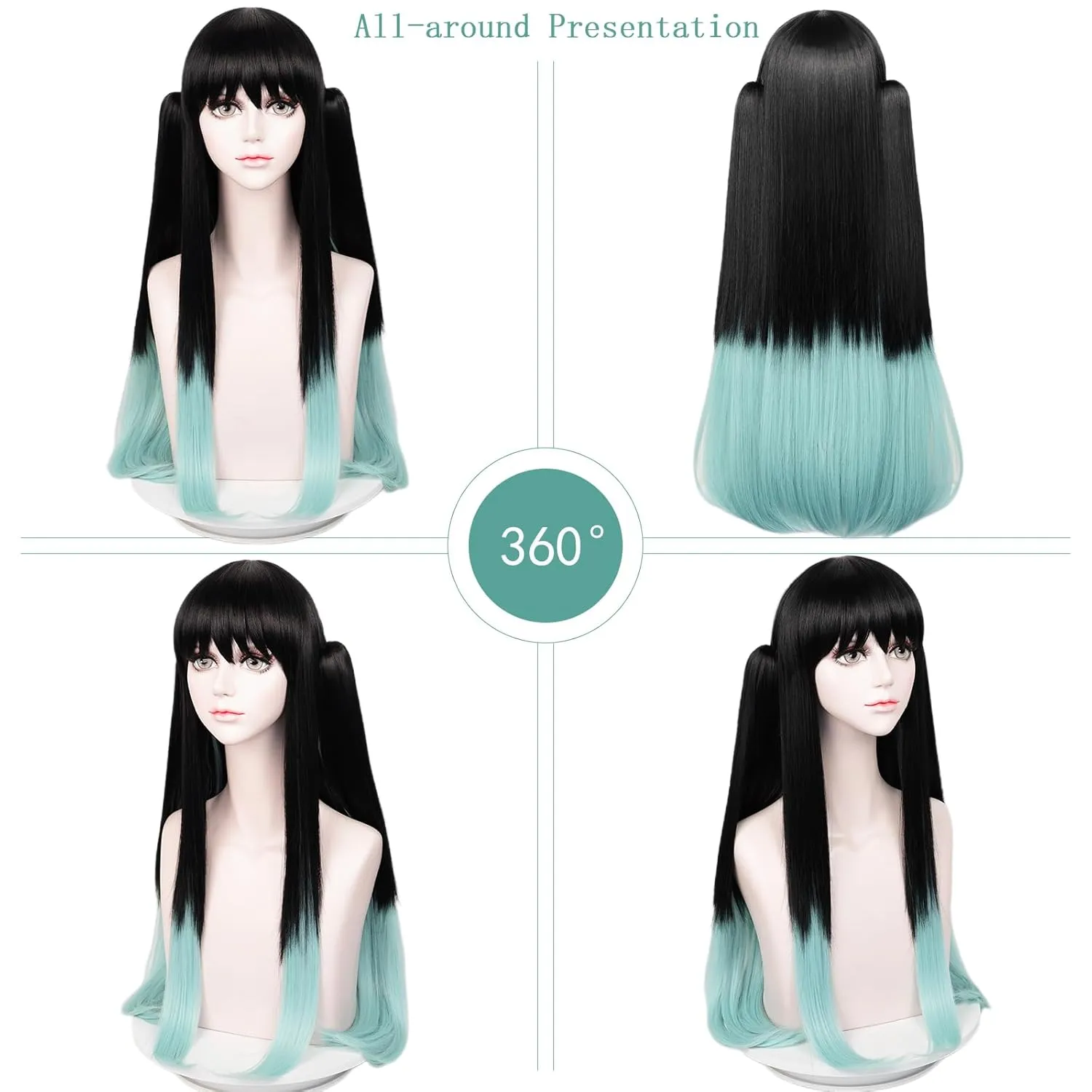 LABEAUT Max Beauty Anime Black & Blue Cosplay Wig for Women Girl, Long Straight Hair Daily Wig for Cosplay Synthetic Hair for Halloween Costume Party Hair Wig   Wig Cap