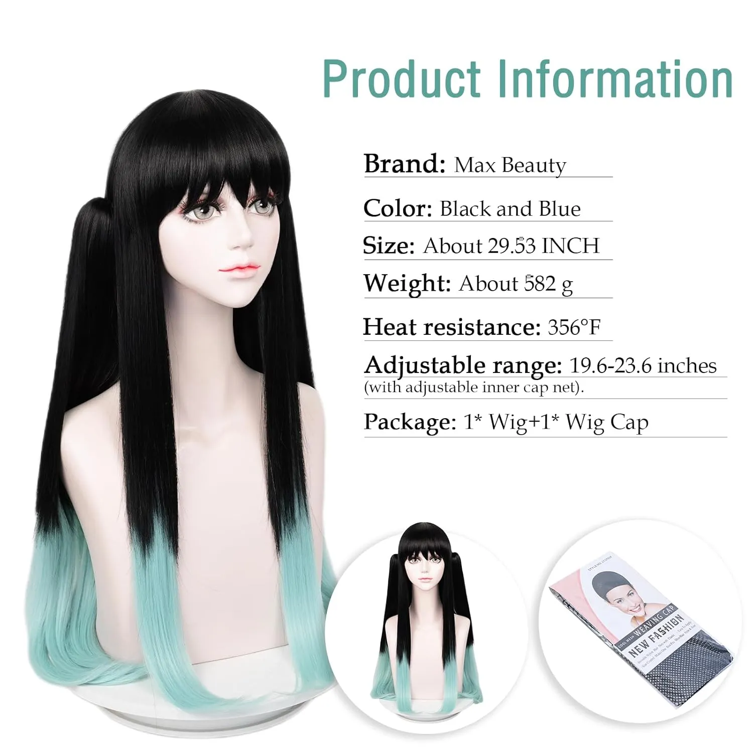 LABEAUT Max Beauty Anime Black & Blue Cosplay Wig for Women Girl, Long Straight Hair Daily Wig for Cosplay Synthetic Hair for Halloween Costume Party Hair Wig   Wig Cap