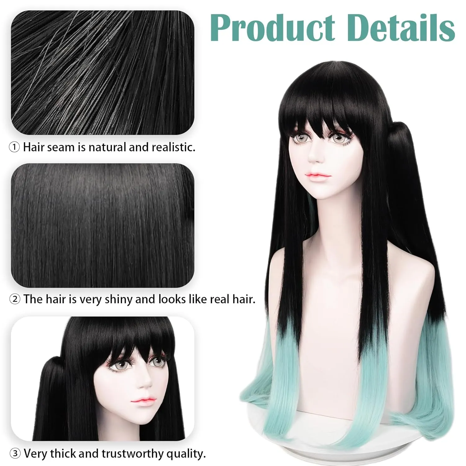 LABEAUT Max Beauty Anime Black & Blue Cosplay Wig for Women Girl, Long Straight Hair Daily Wig for Cosplay Synthetic Hair for Halloween Costume Party Hair Wig   Wig Cap