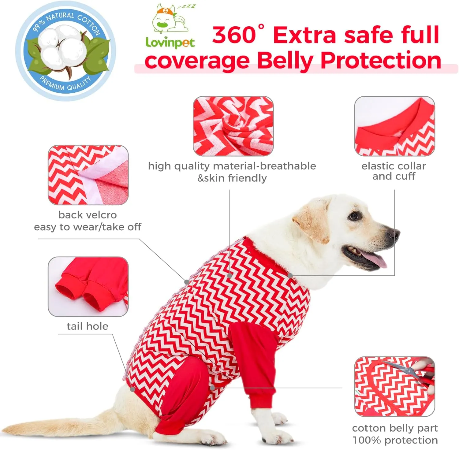 LovinPet Dog Recovery Suit for Large Medium Dogs - Cut-Out Design of Abdomen Recover Comfortably Well Protection Pet Onesie Suit Pet Pajamas Dog Anti Licking Bodysuit,Red Wave Pattern,XXL