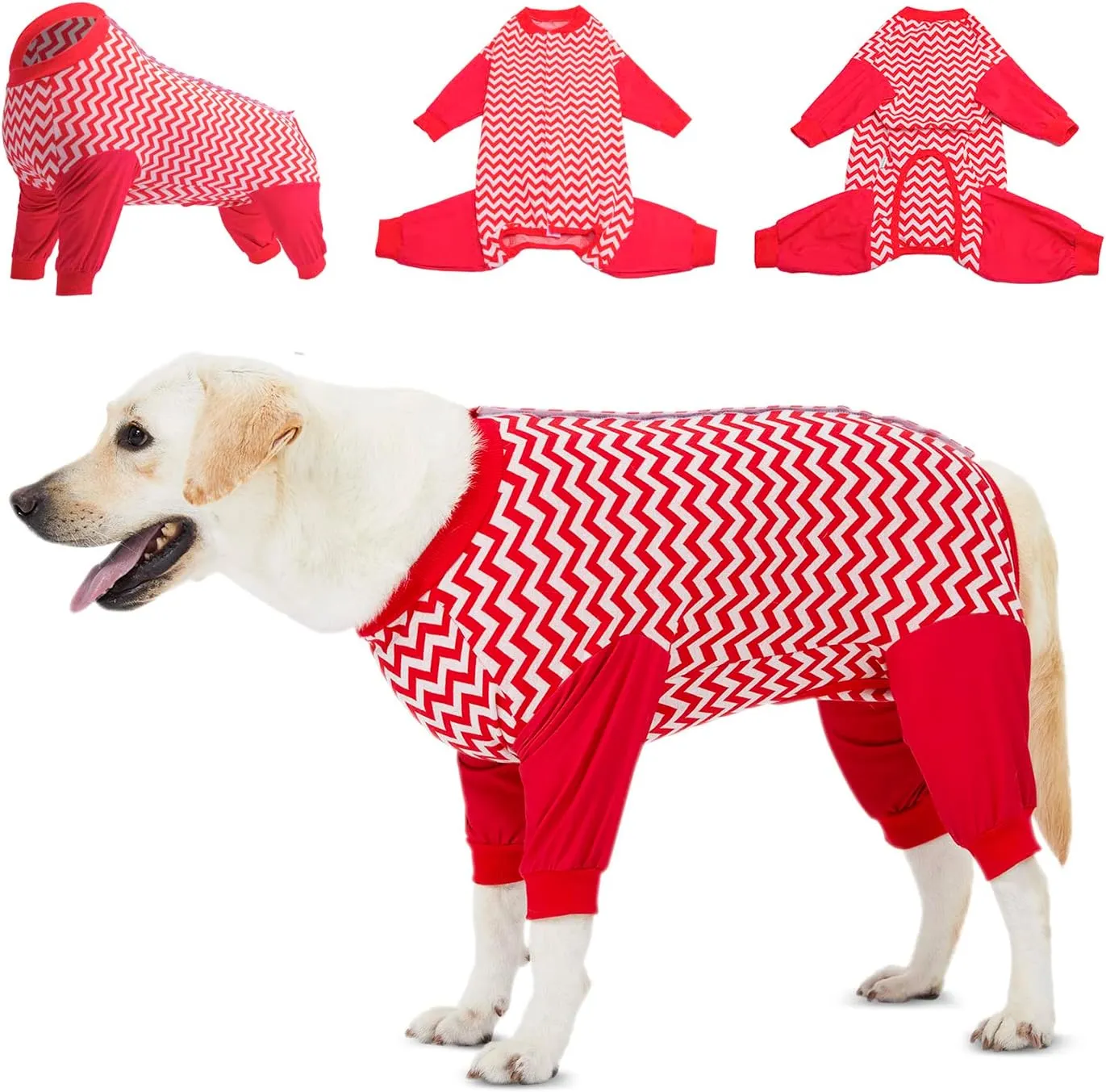 LovinPet Dog Recovery Suit for Large Medium Dogs - Cut-Out Design of Abdomen Recover Comfortably Well Protection Pet Onesie Suit Pet Pajamas Dog Anti Licking Bodysuit,Red Wave Pattern,XXL