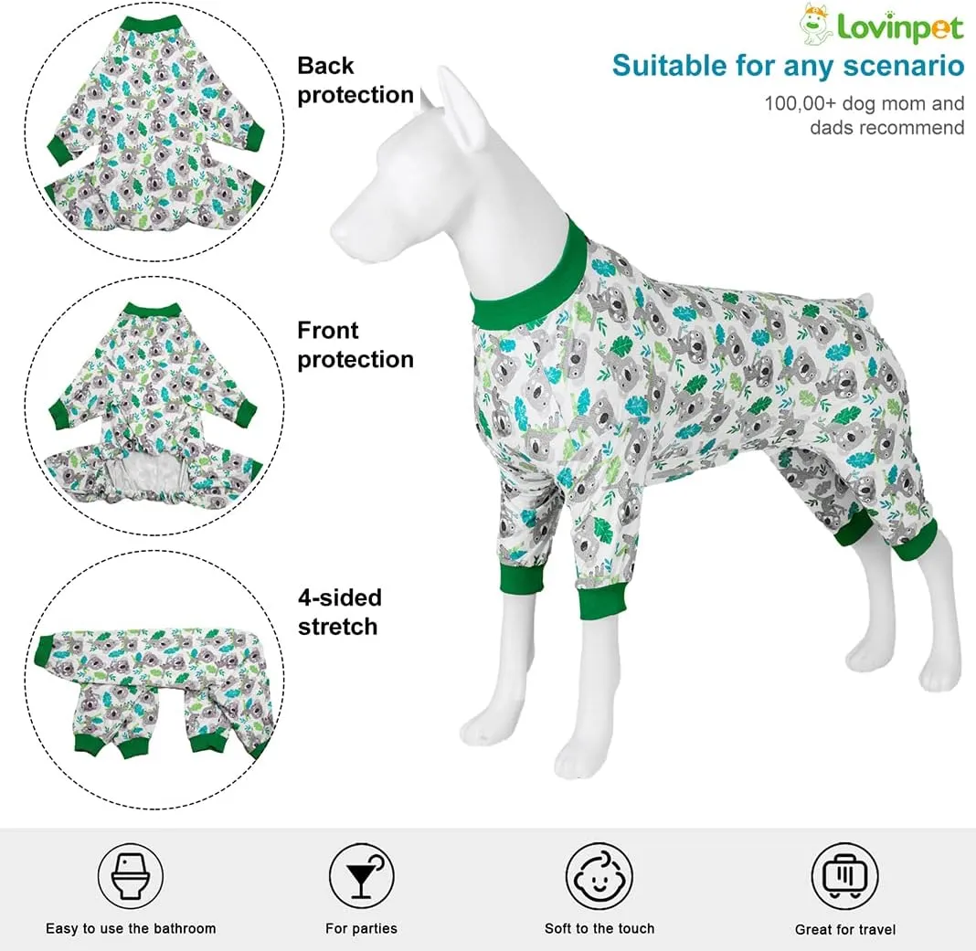 LovinPet Pittie Pajamas for Dogs - Anxiety Calming Shirt, Anti Licking Dog Onesie, Lightweight Fabric Eucalyptus Print, Large Dog Pj, Dog Clothes, Pet Pajamas for Dogs, Koala Green 2XL