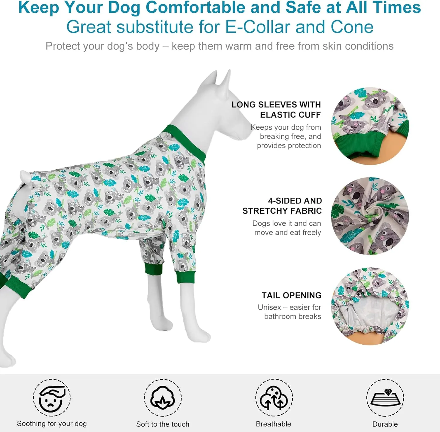 LovinPet Pittie Pajamas for Dogs - Anxiety Calming Shirt, Anti Licking Dog Onesie, Lightweight Fabric Eucalyptus Print, Large Dog Pj, Dog Clothes, Pet Pajamas for Dogs, Koala Green 2XL