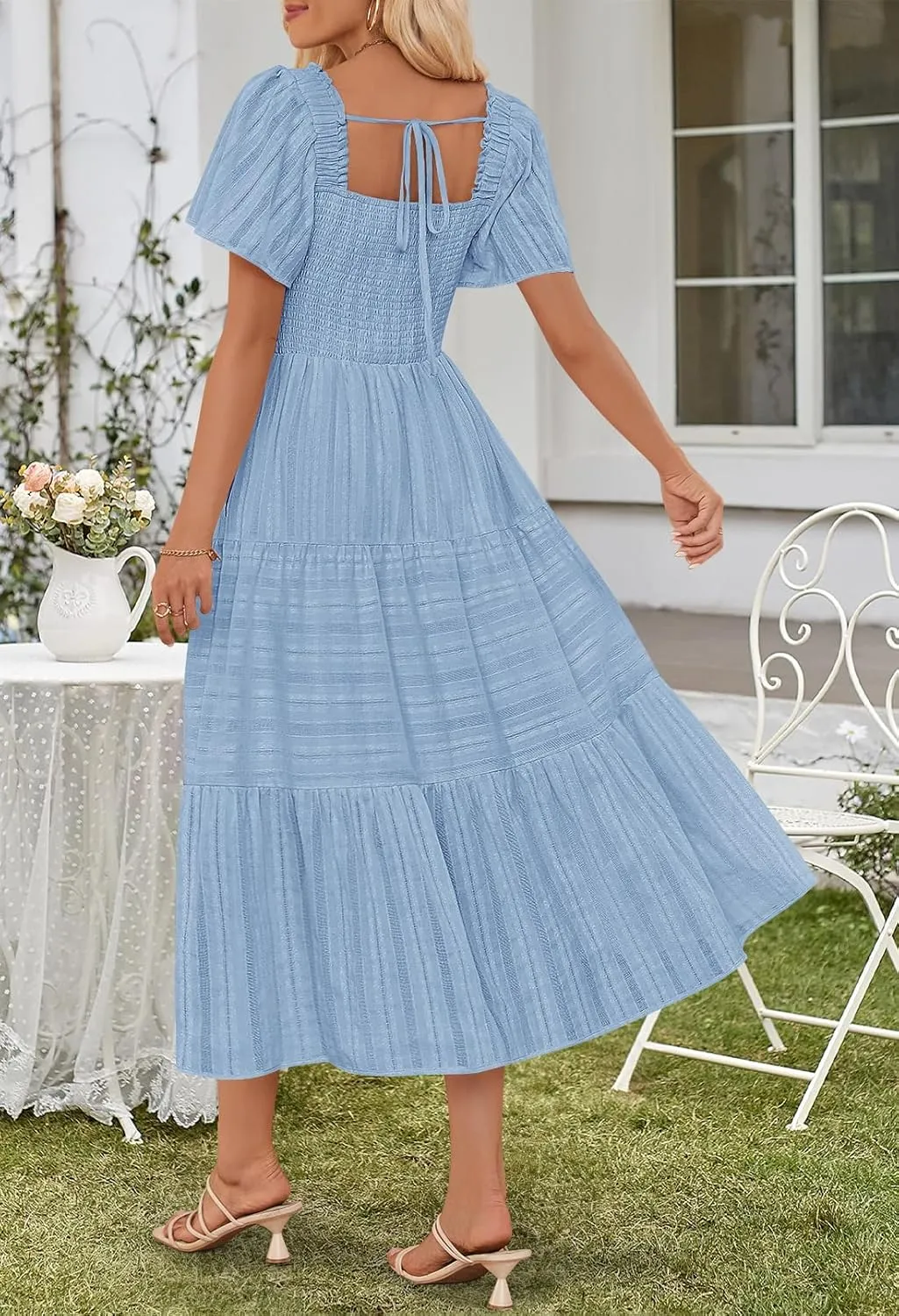 MEROKEETY Women's 2025 Summer Flowy Midi Maxi Dress Short Sleeve Square Neck Smocked Tiered Ruffle Boho Dresses with Pockets