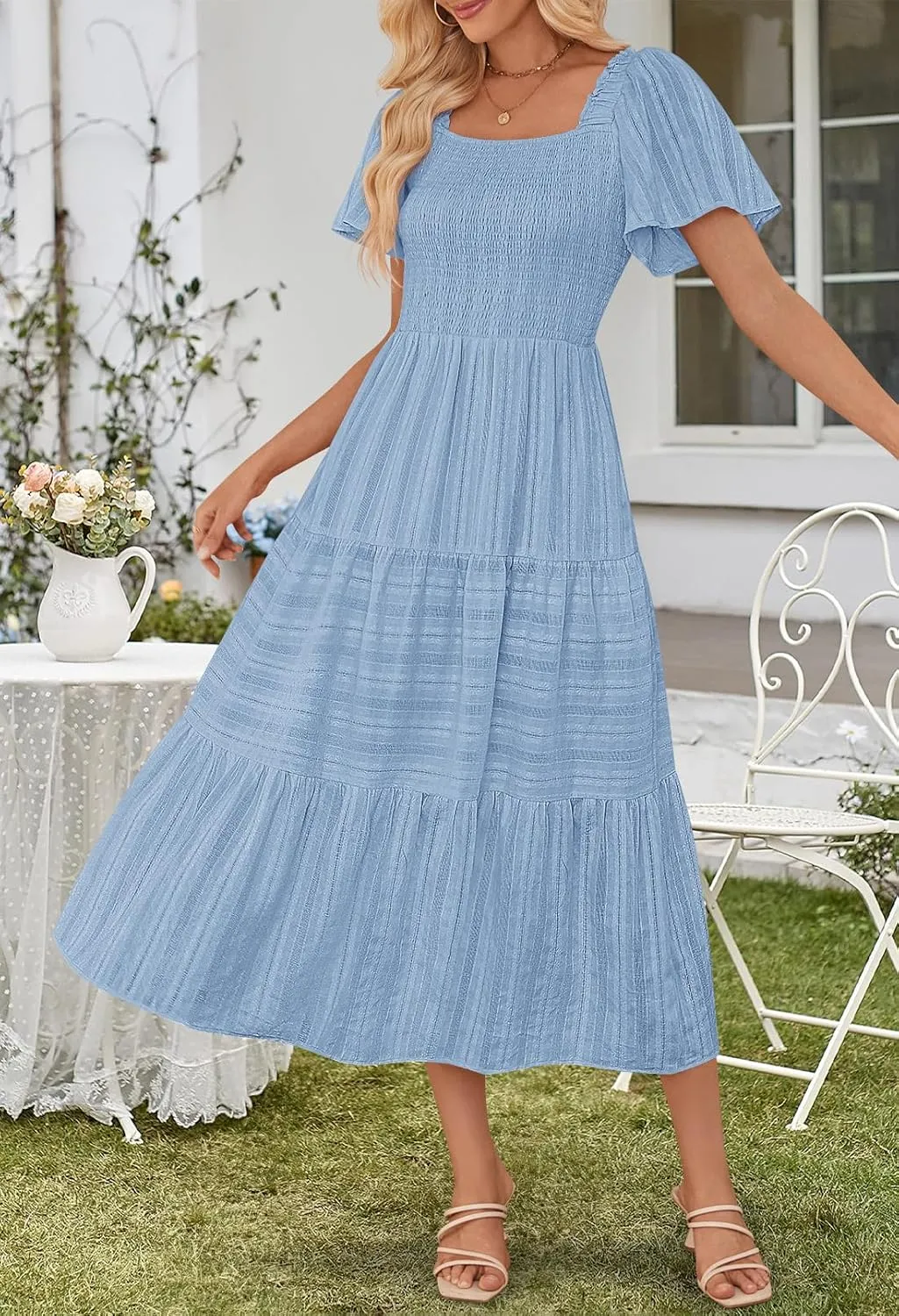 MEROKEETY Women's 2025 Summer Flowy Midi Maxi Dress Short Sleeve Square Neck Smocked Tiered Ruffle Boho Dresses with Pockets