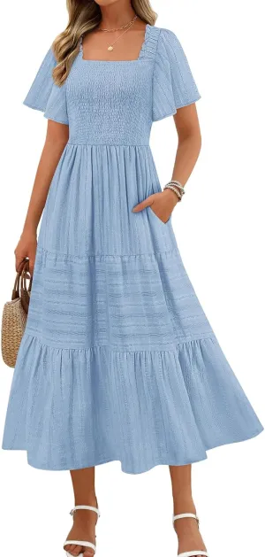 MEROKEETY Women's 2025 Summer Flowy Midi Maxi Dress Short Sleeve Square Neck Smocked Tiered Ruffle Boho Dresses with Pockets