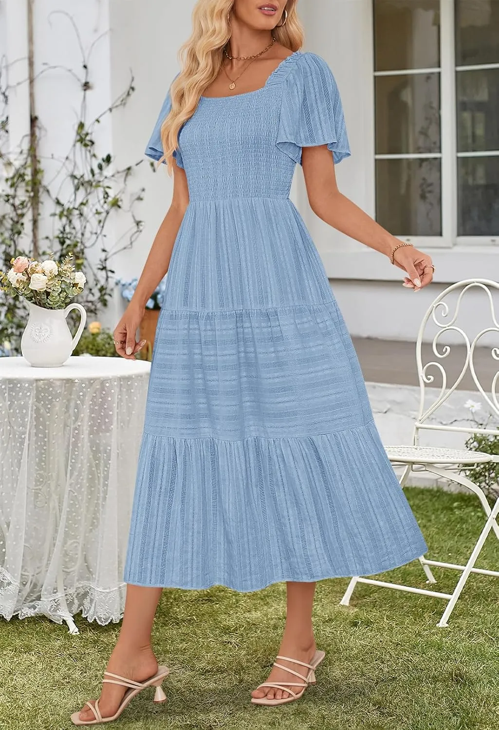 MEROKEETY Women's 2025 Summer Flowy Midi Maxi Dress Short Sleeve Square Neck Smocked Tiered Ruffle Boho Dresses with Pockets