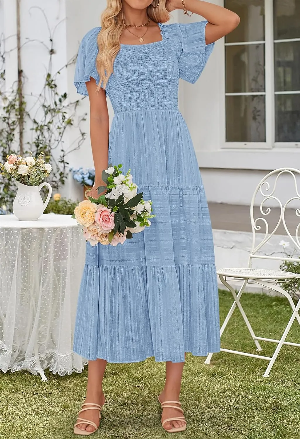 MEROKEETY Women's 2025 Summer Flowy Midi Maxi Dress Short Sleeve Square Neck Smocked Tiered Ruffle Boho Dresses with Pockets