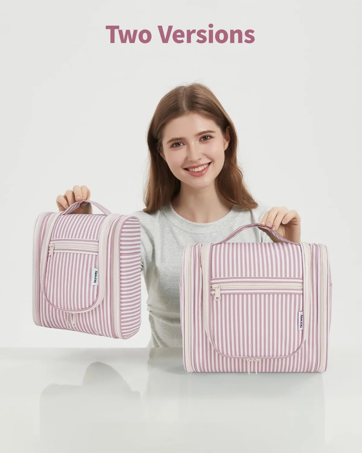 Narwey Striped Hanging Travel Toiletry Bag for Women, Travel Bag for Toiletries, Makeup Bag Organizer Cosmetic Bags Make Up Bags for Women (Dusty Rose Stripe)
