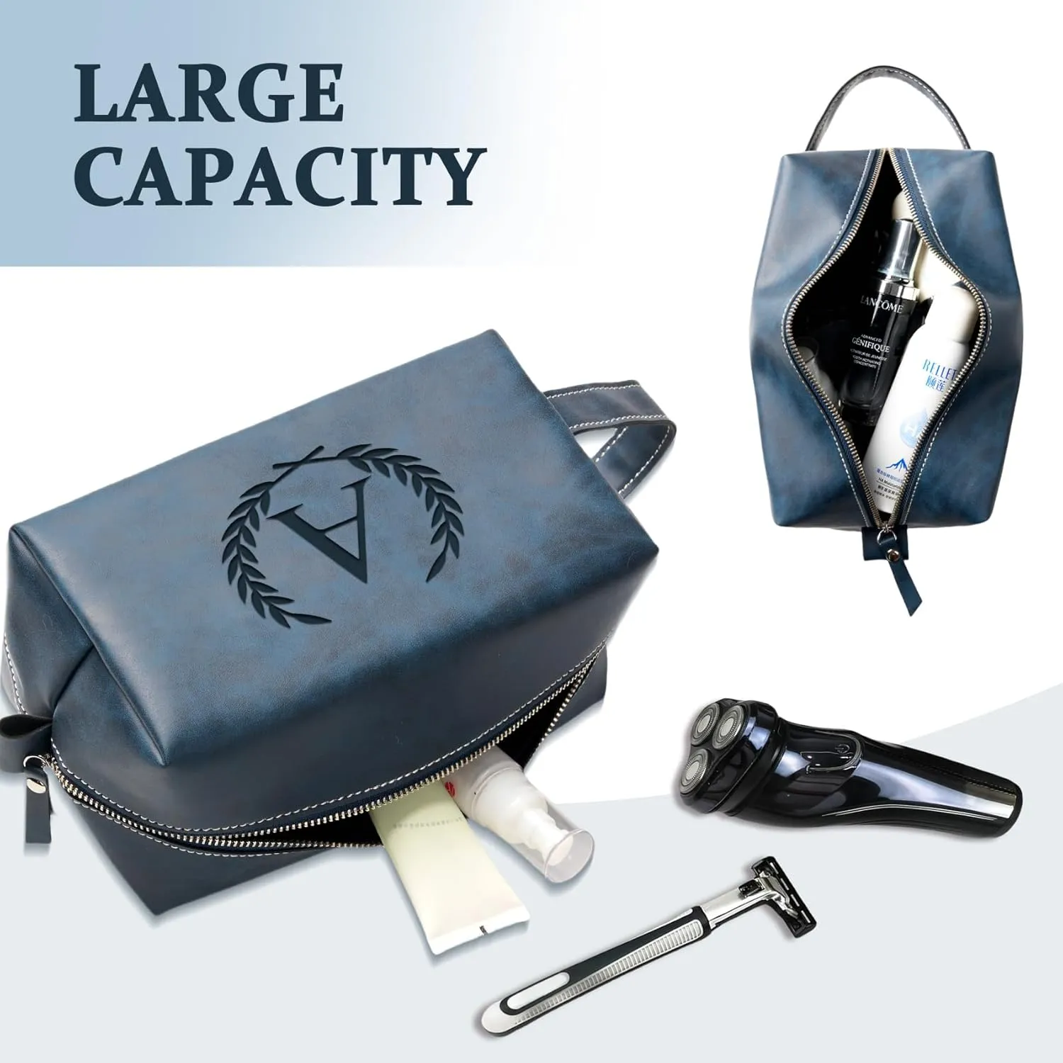 Personalized Gifts Travel Toiletry Bag for Men Engraved Initial PU Leather Waterproof Shaving Bag for Toiletries Accessories Fathers Day Birthday Gift for Men Dad Husband Son, Dark Blue R