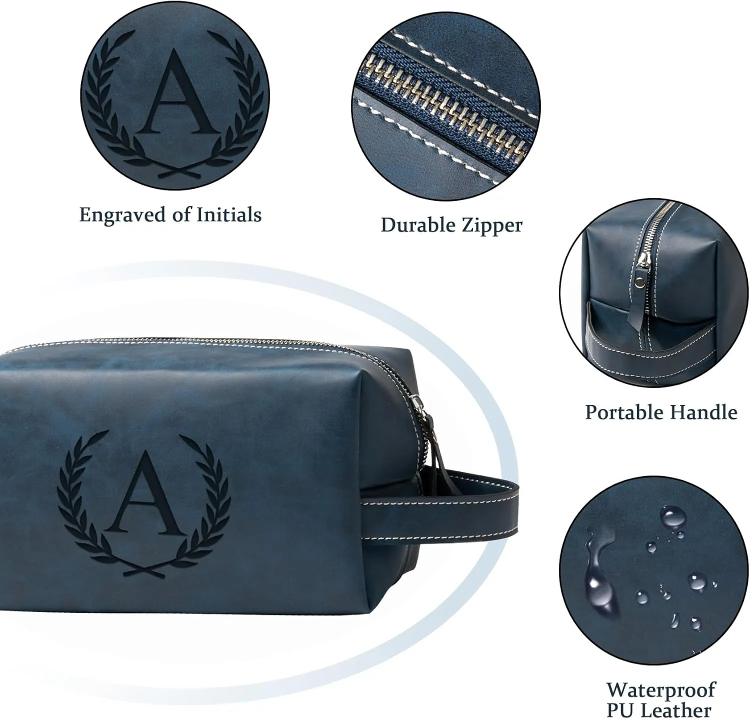 Personalized Gifts Travel Toiletry Bag for Men Engraved Initial PU Leather Waterproof Shaving Bag for Toiletries Accessories Fathers Day Birthday Gift for Men Dad Husband Son, Dark Blue R