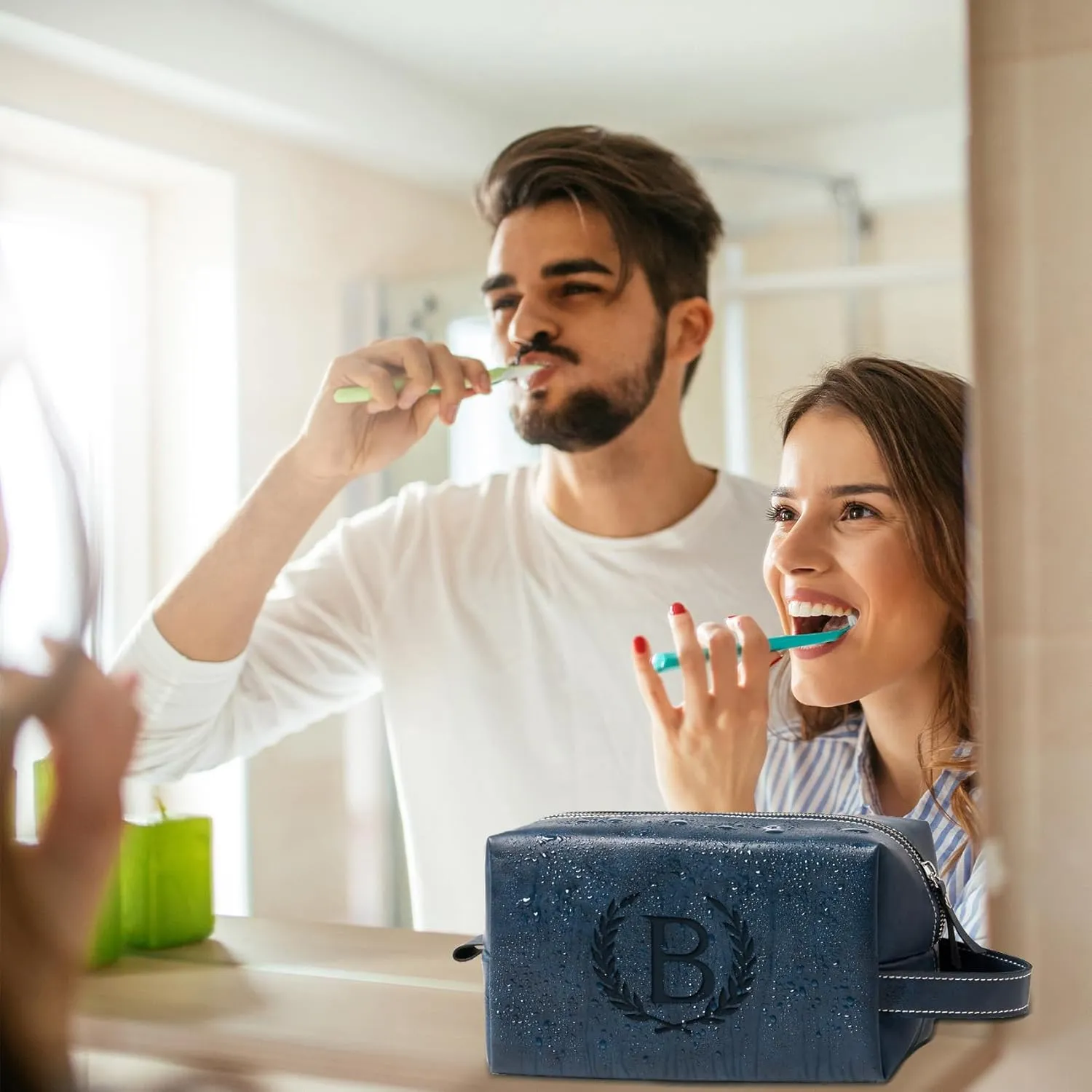 Personalized Gifts Travel Toiletry Bag for Men Engraved Initial PU Leather Waterproof Shaving Bag for Toiletries Accessories Fathers Day Birthday Gift for Men Dad Husband Son, Dark Blue R