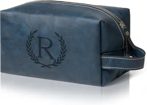 Personalized Gifts Travel Toiletry Bag for Men Engraved Initial PU Leather Waterproof Shaving Bag for Toiletries Accessories Fathers Day Birthday Gift for Men Dad Husband Son, Dark Blue R
