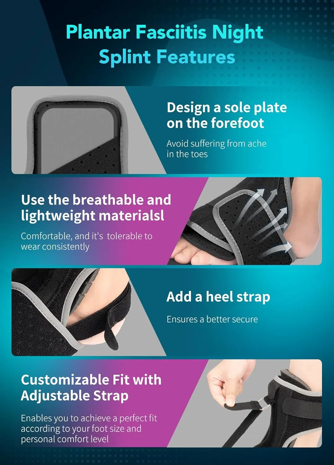 Plantar Fasciitis Night Splint with Massage Ball for Plantar Fasciitis Relief, 2 Pack Comfortable Plantar Fasciitis Brace for Achilles Tendonitis Heal Spur Foot-drop Flat-arch, Free Size for Men and Women - Black