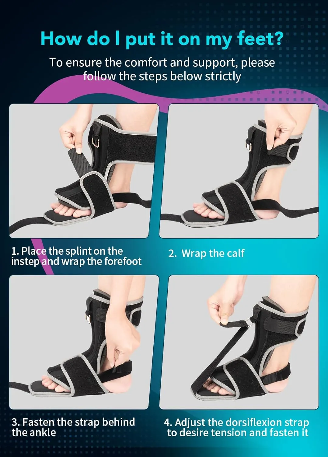Plantar Fasciitis Night Splint with Massage Ball for Plantar Fasciitis Relief, 2 Pack Comfortable Plantar Fasciitis Brace for Achilles Tendonitis Heal Spur Foot-drop Flat-arch, Free Size for Men and Women - Black