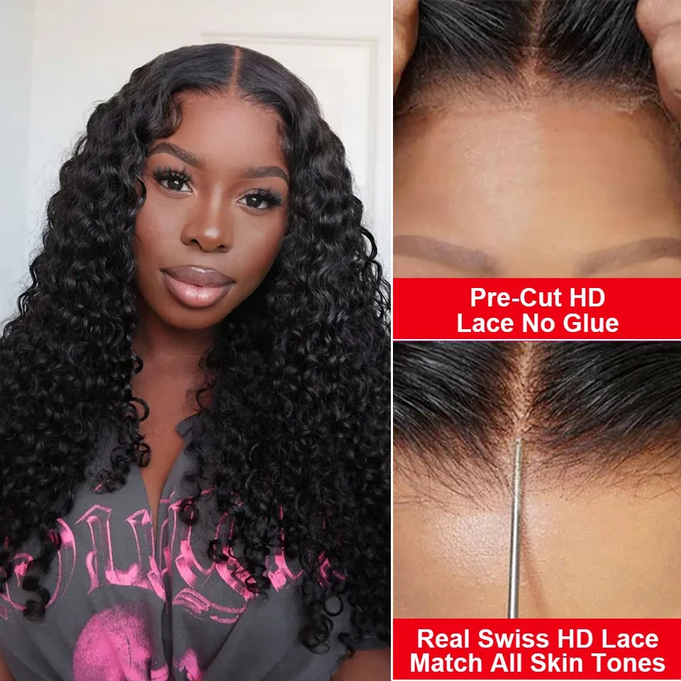 Pre Cut No Glue Deep Wave Glueless Wig | Ready to Wear Brazilian Curly Human Hair Wig