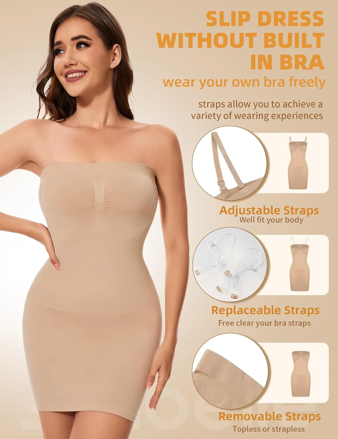 SLIMBELLE Womens Strapless Shapewear Slip Tummy Control Dress Slip Seamless Full Body Shaper for Under Dresses