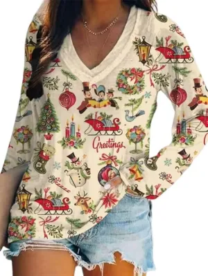 VKEGNIO Christmas Snowman Print Shirt for Women Cute Xmas Tree Santa Print Long Sleeve Tshirts Casual V Neck Fall Shirts Tops