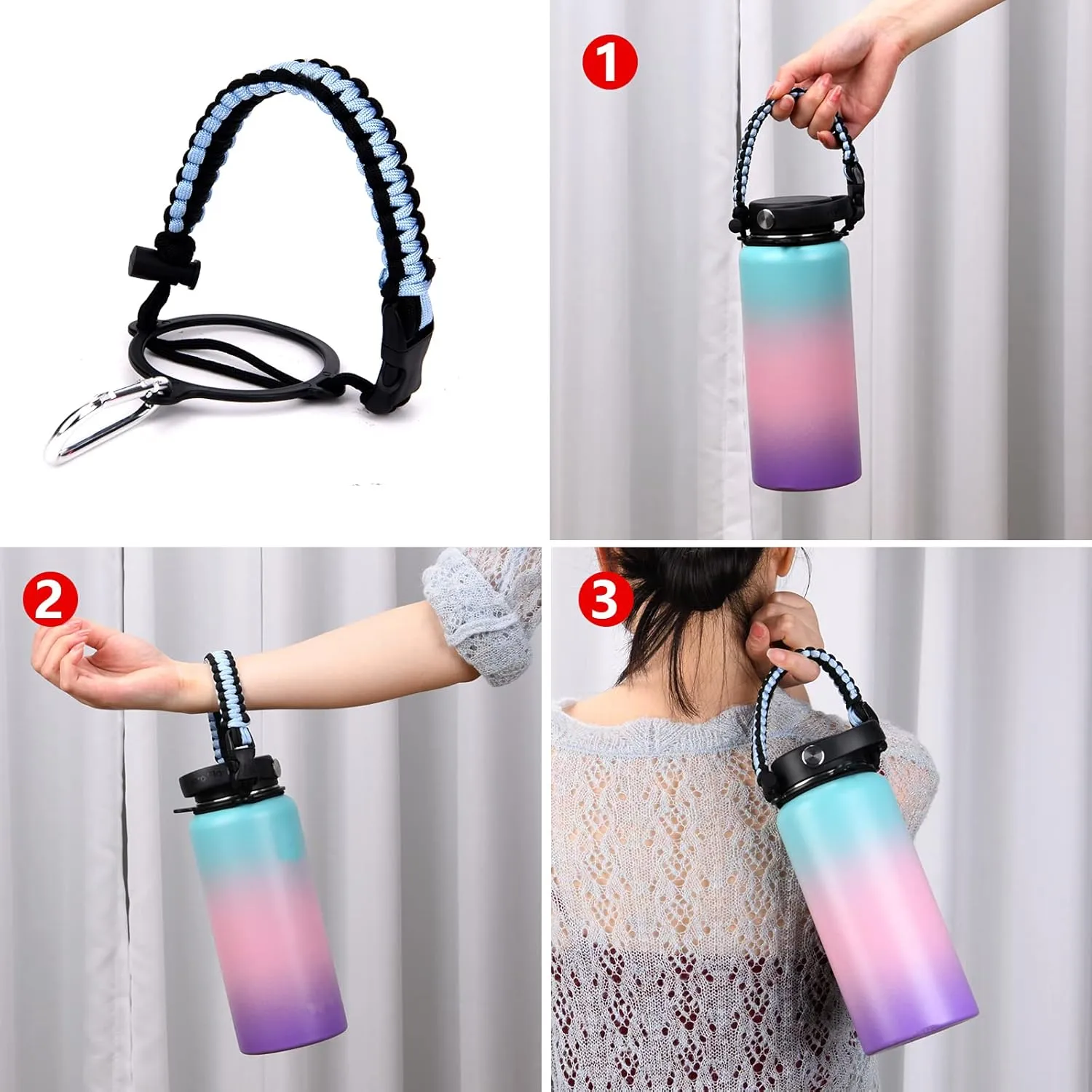 Wongeto Paracord Handle Carrier Holder with Shoulder Strap,Compatible with Hydro Flask Wide Mouth Water Bottles