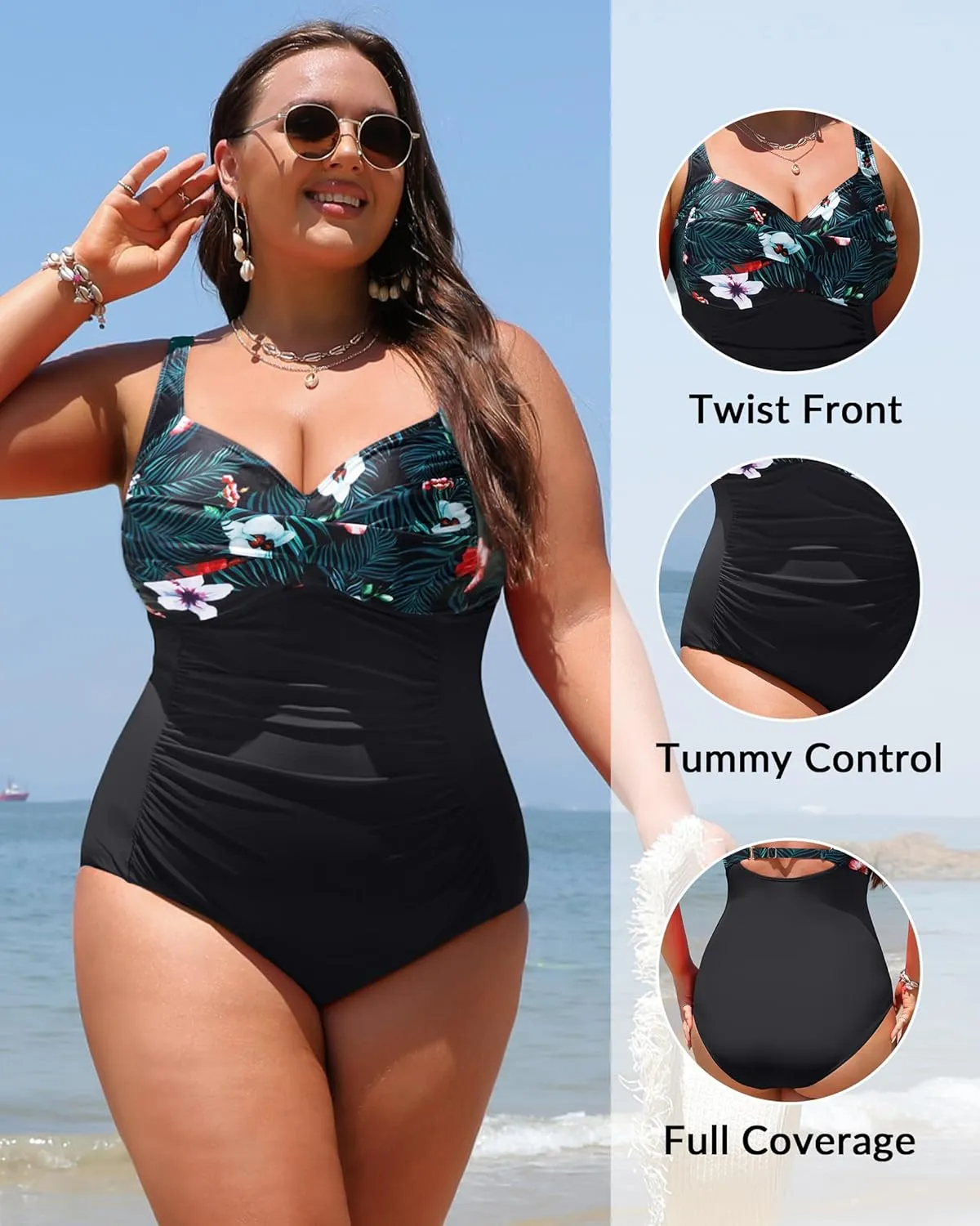 Yonique Women Plus Size One Piece Swimsuits Tummy Control Bathing Suits Twist Front Ruched Swimwear