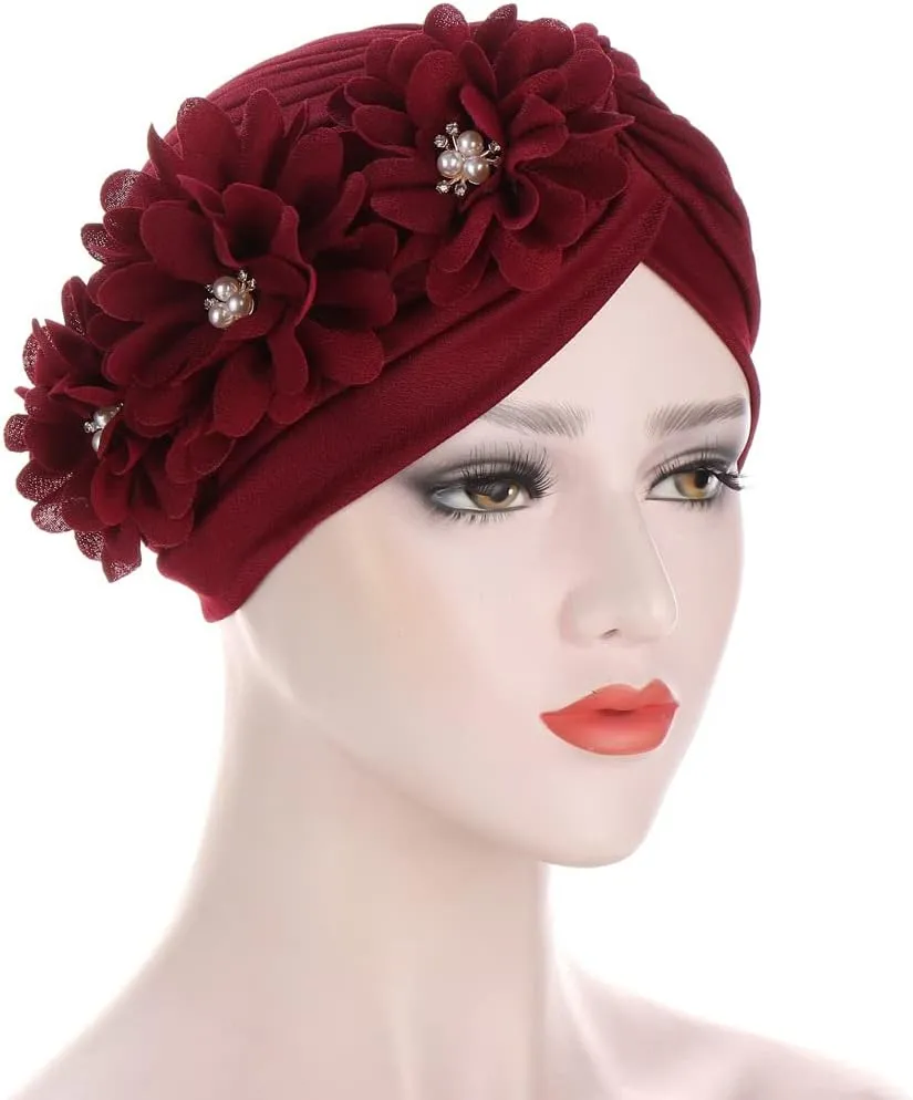 YYAOJHAO Women Flower Turban Hats - Ruffle Pre Tied Headwrap Caps Chemo Beanies Hijab Headscarf for Cancer Patient Hair Loss